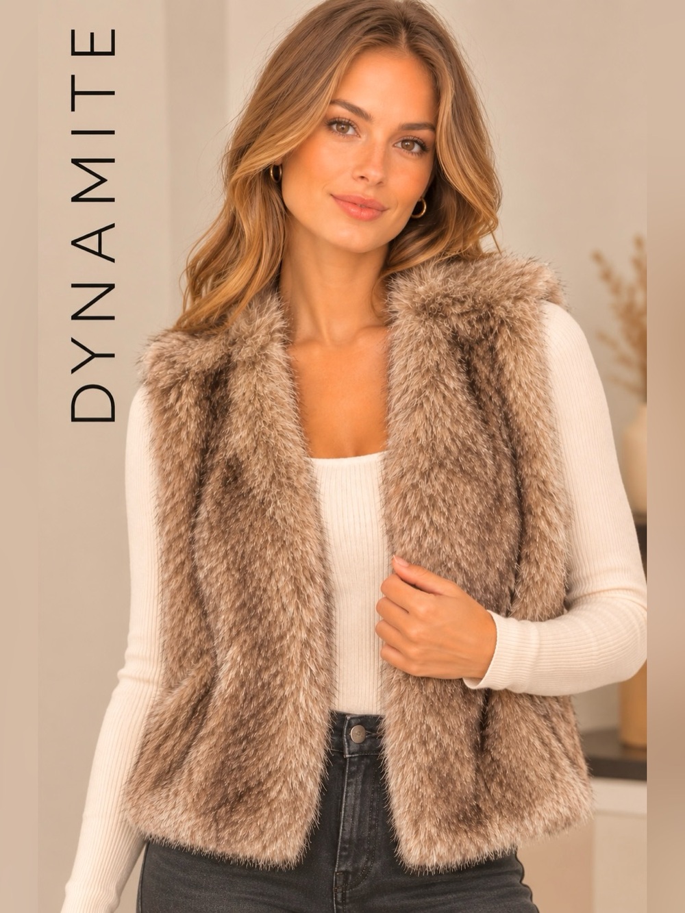 DYNAMITE Plush Faux Fur Vest-Brown and Cream Beige
